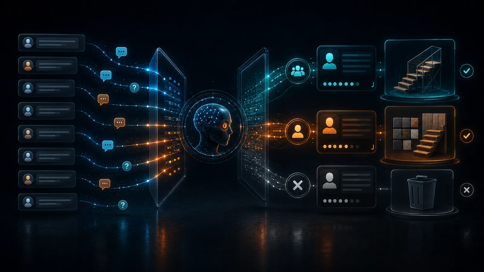 Поток обращений проходит интеллектуальную фильтрацию и превращается в подходящие квалифицированные заявки.