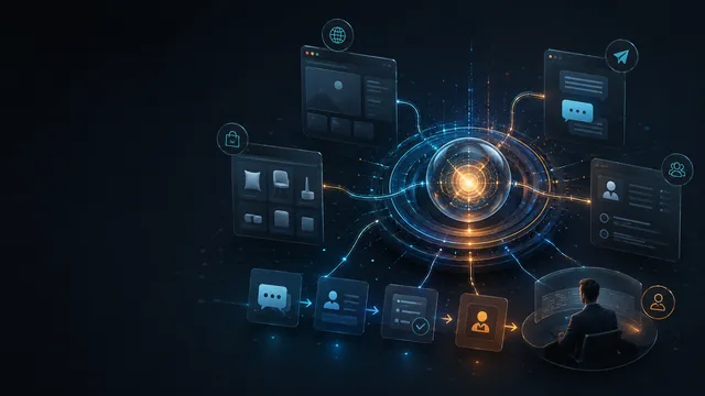 Центральное ИИ-ядро соединяет сайт, сообщения, каталог, CRM и менеджера в единую бизнес-систему.