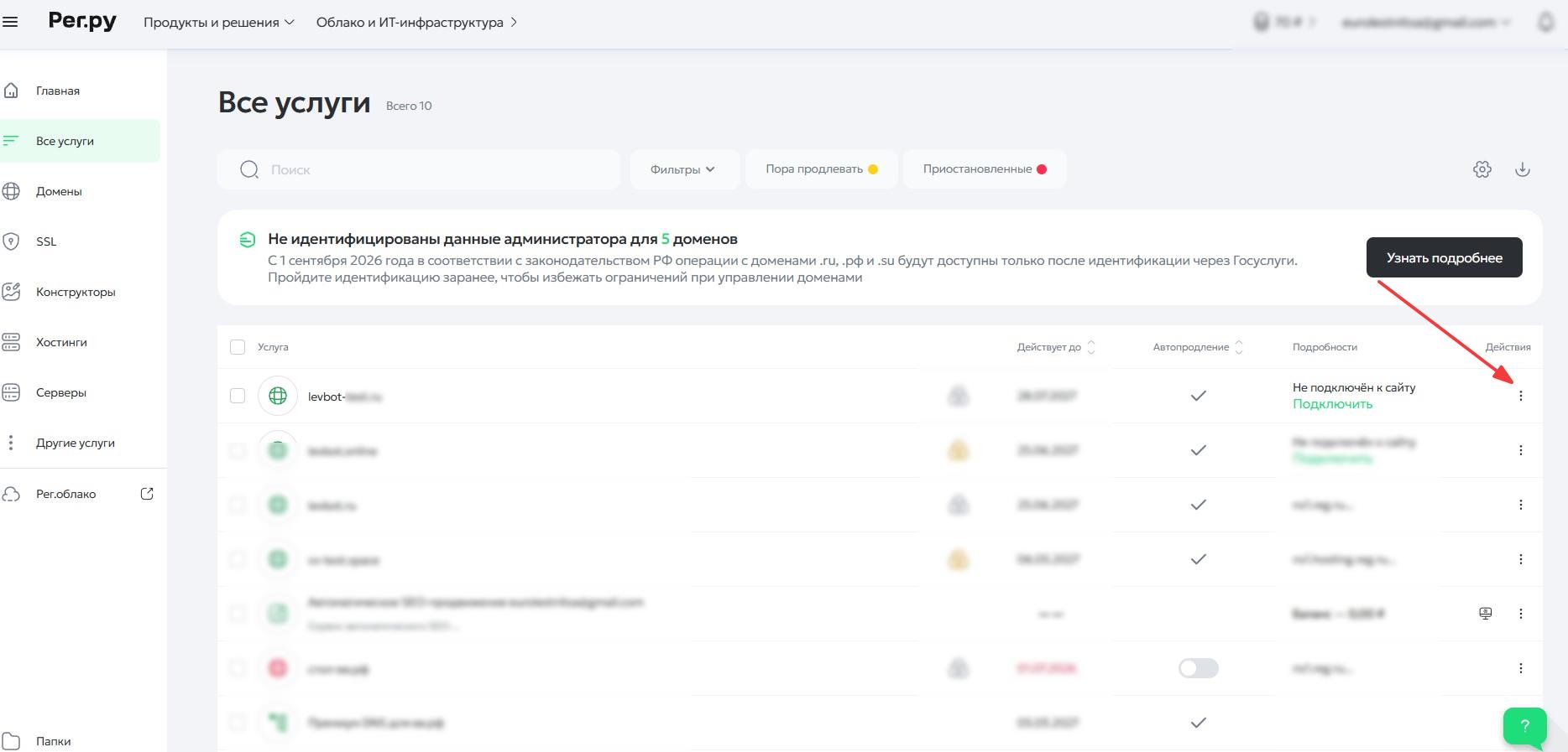 Список доменов REG.RU