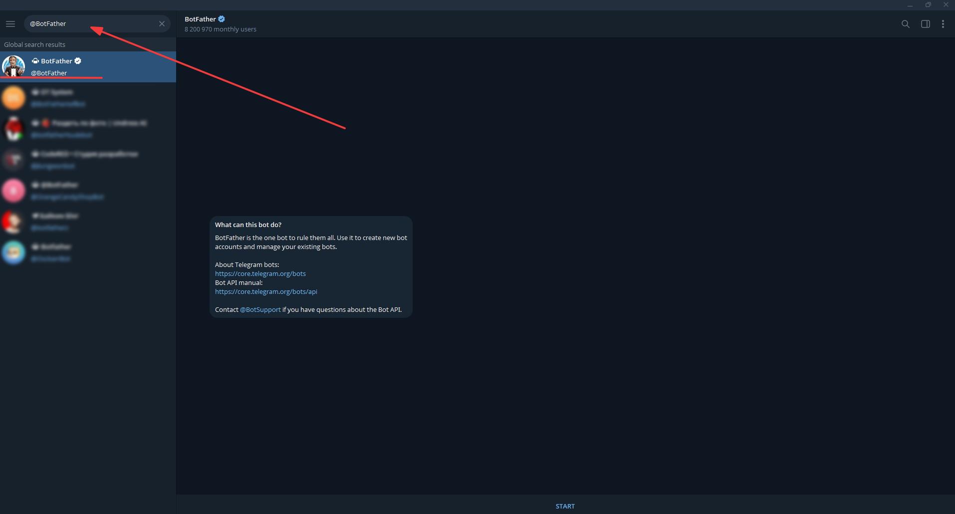 Найдите официальный BotFather